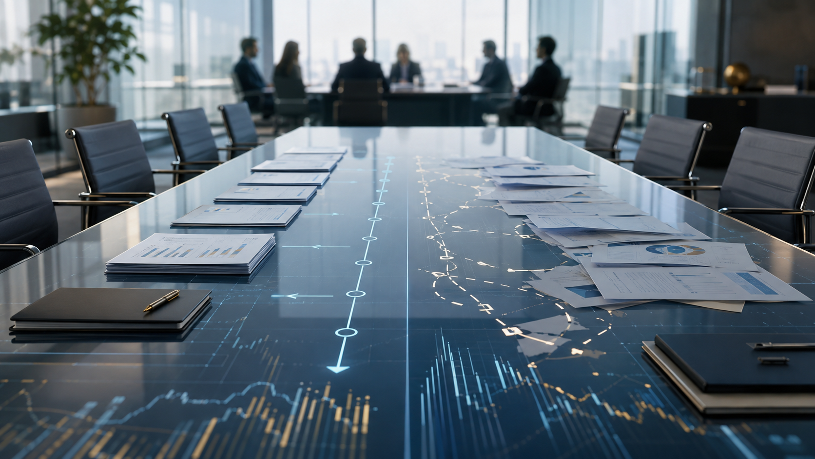 Dirigentes analisam decisões financeiras e seus riscos durante uma crise empresarial